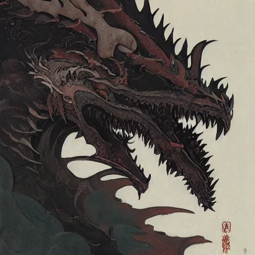 Image similar to close-up head of a furious dragon by Katsushika Hokusai, Pete Mohrbacher, Yoji Shinkawa + dark clouds + Portrait + gothic illustration + Trending on Artstation + Intricate details