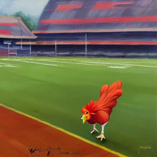 Prompt: the famous funky chicken runs across a football field, interrupting the big game, oil painting