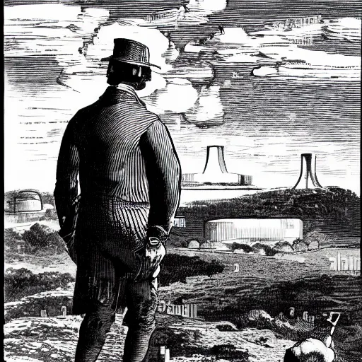 Prompt: 19th century wood-engraving of a man looking at a nuclear powerplant in the background, whole page illustration from Jules Verne book, art by Édouard Riou Jules Férat and Henri de Montaut, high quality, beautiful