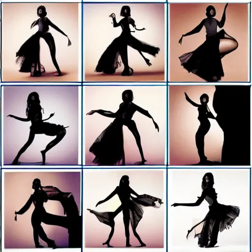 Prompt: a 3x3 grid showing all 9 frames of an animated gif of a beautiful woman dancing