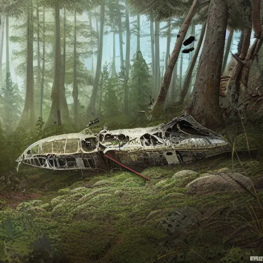 Image similar to an old plane crashed on a hill, there is a forest in the background, texture, intricate, details, highly detailed, masterpiece, architecture, building, trending on artstation, focus, sharp focus, concept art, digital painting, fantasy, sunny, day, midday