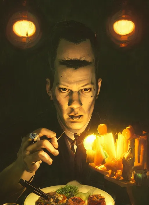 Image similar to highly detailed portrait of h p lovecraft eating shushi by greg rutkowski, mike mignola, tom bagshaw artgerm and ross tran, beautiful dramatic dark moody lighting, cinematic atmosphere, glossy magazine painting, global illumination, deep color, 8 k resolution, high details, flickr, dslr, artstation