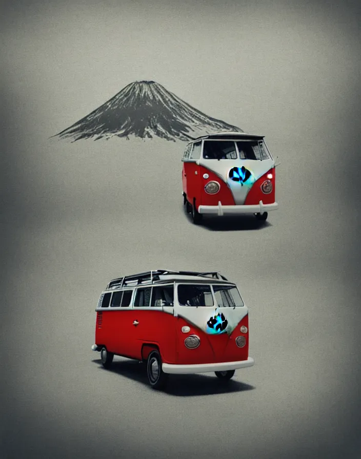 Image similar to vw camper touring rural japan, a collage painting, in the style of wes anderson, lola dupre, david hockney, isolated on negative white space background dark monochrome fluorescent spraypaint accents volumetric octane render, no double figure