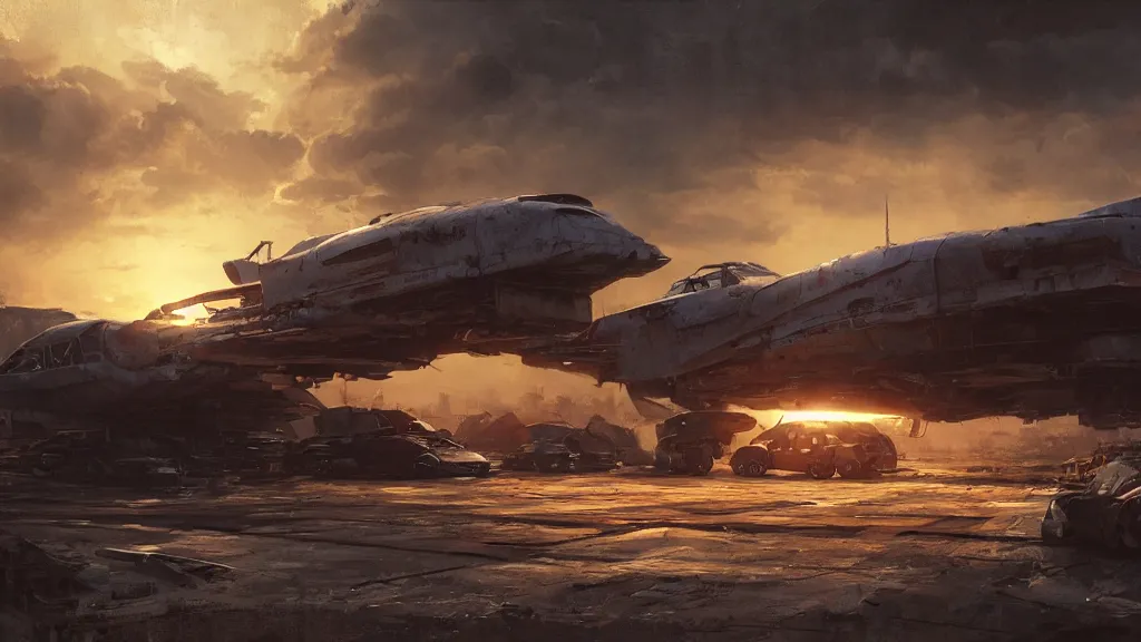 Image similar to a Photorealistic hyperrealistic render of a gigantic spaceship landing at a Junkyard by Greg Rutkowski,Vitaly Bugarov,Stephan Martiniere,Nicolas Bouvier SPARTH,James Paick,dramatic moody sunset lighting,long shadows,Volumetric, cinematic atmosphere, Octane Render,Artstation,8k