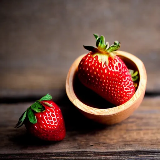 Prompt: a strawberry, cedar - wood, bokeh photography