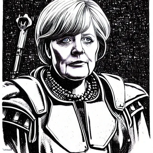 Prompt: a beautifully detailed warhammer 4 0 k portrait of angela merkel. pen and ink by moebius.