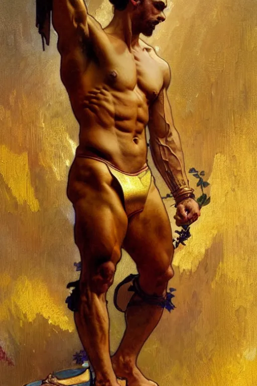 Image similar to A man wearing golden clothes, muscular, fantasy, painting by greg rutkowski and alphonse mucha