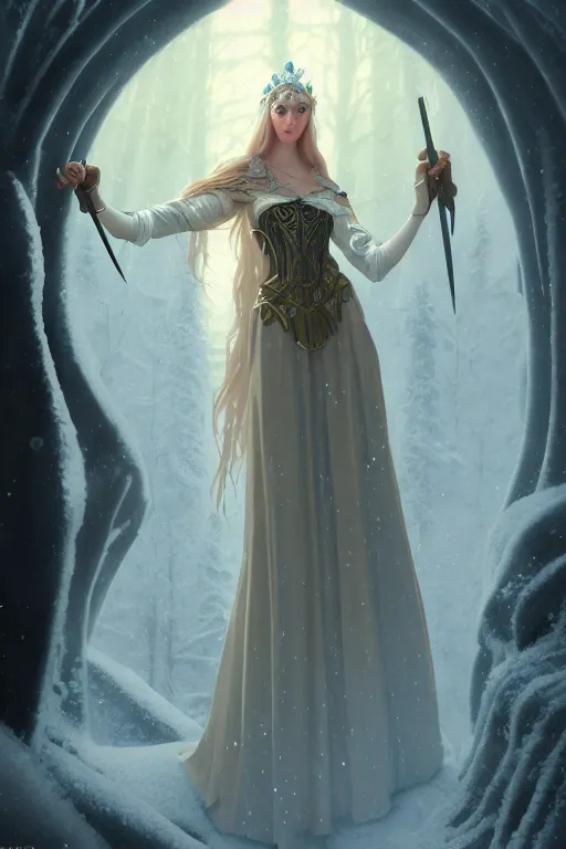 Image similar to nostalgia for a fairytale, nordic, ice sorceress, medieval maiden, long hair, tall and thin, illustration, dramatic lighting, soft details, painting, art nouveau, octane render, 8 k, hd, by edmund blair leighton, brom, charlie bowater, faces by otto schmidt