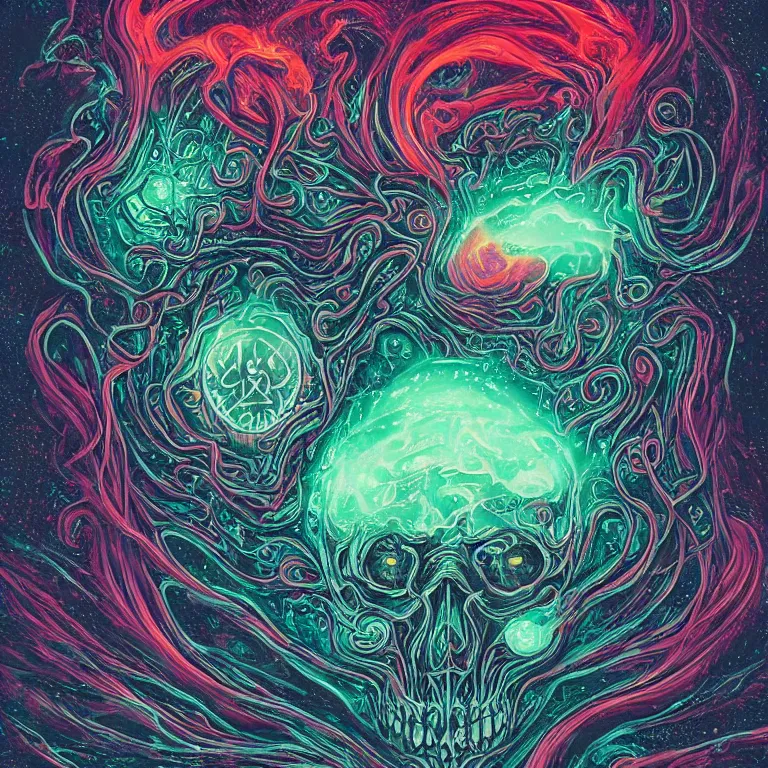 Image similar to a symmetrical composition of a giant skull with deep and intricate rune carvings and glowing eyes with thick lovecraftian tentacles emerging from a space nebula by dan mumford, twirling smoke trail, a twisting vortex of dying galaxies, digital art, vivid colors, highly detailed