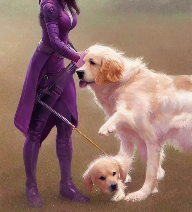 Image similar to Kate Bishop petting Golden Retriever Dog, Marvel, Hawkeye, blush, intricate, cute, elegant, light purple mist, highly detailed, digital painting, artstation, concept art, matte, sharp focus, illustration, art by Artgerm and Greg Rutkowski and Alphonse Mucha