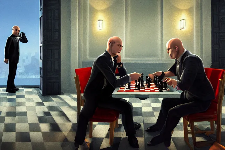 Image similar to Steve from Minecraft playing chess against Agent 47 from Hitman, oil painting, epic, video game, full res, full shot, featured on artstation, highly detailed