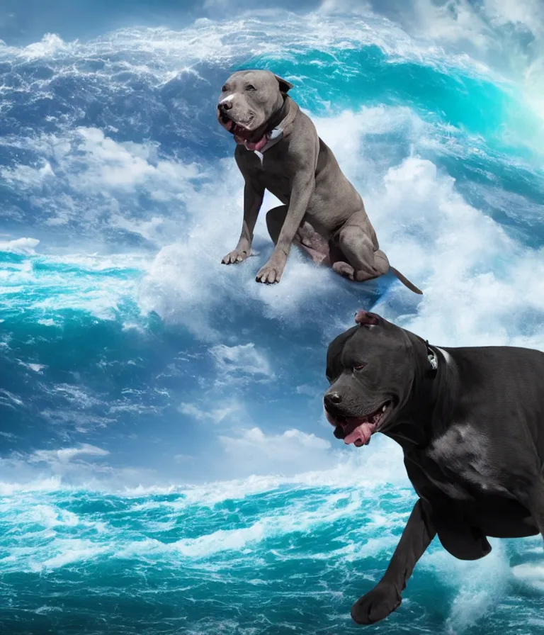 Image similar to photo of a dark gray coat pit bull with a white paws!, surfing on a surfboard in a crashing wave of alien ocean in space, background is an alien galaxy, aliens in the background, alien colors, octane render, unreal engine, wide view, 8 k, highly detailed