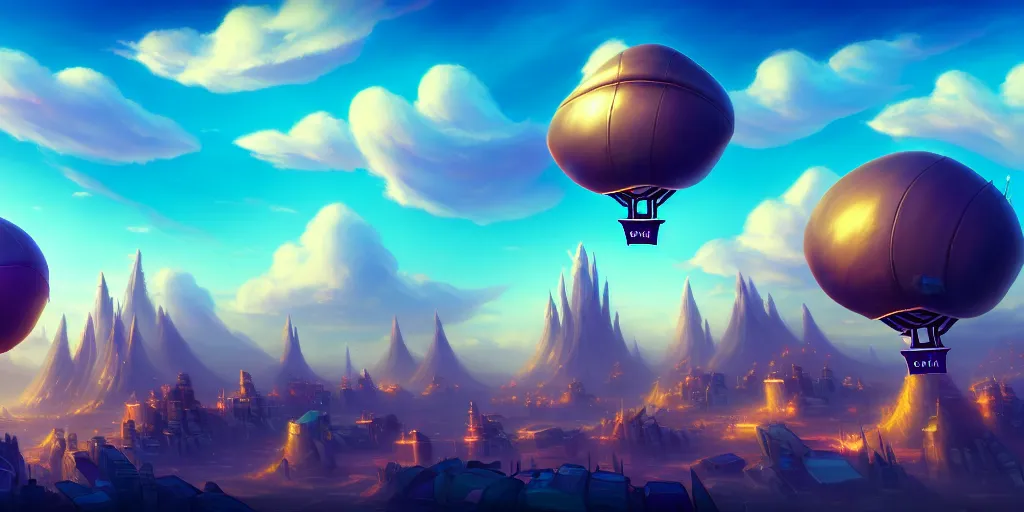 Image similar to the city in the of piltover, in the style from netflix's arcane, blimps in the sky, blue skies, soft clouds, trending on artstation