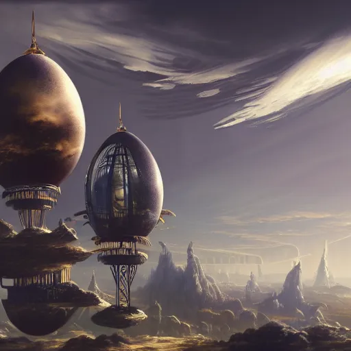 Image similar to enormous flying city in a faberge egg, sky, steampunk, fantasy art, masterpiece, hugh ferriss, unreal engine, peder balke, clouds background