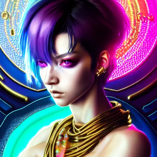 Image similar to hyperdetailed portrait of a stunningly beautiful cyberpunk cutie european girl with dark hair guard made of iridescent metals and shiny pink gems, bright rainbow nimbus, gold necklace, gold background inspired by ross tran and masamune shirow and kuvshinov, intricate, photorealistic, octane render, rtx, hdr, unreal engine, dnd digital art by artgerm