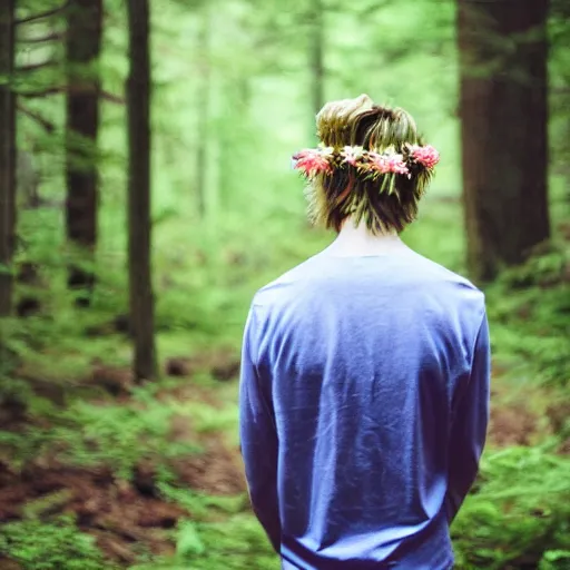 Image similar to close up kodak portra 4 0 0 photograph of a skinny blonde guy standing in dark forest, back view, flower crown, moody lighting, telephoto, 9 0 s vibe, blurry background, vaporwave colors, faded!,