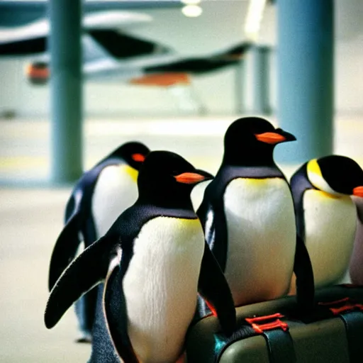 Prompt: medium format portrait of two penguins in an airport baggage claim area photographer from the 1 9 6 0 s, hasselblad film shallow focus portrait, soft light photographed on expired color film,