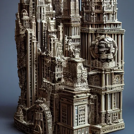 Prompt: an intricate 3d sculpture of a cityscape with angels and demons by kris kuksi