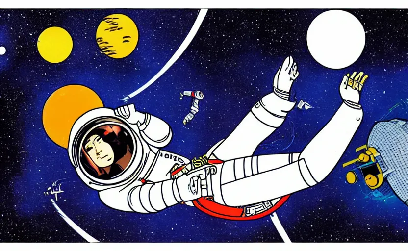Image similar to a female astronaut floating in a scenic space environment repairing the spacecraft in the style of yoko tsuno
