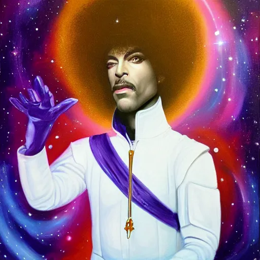 Image similar to a cosmic painting of prince in space. trending on artstation.