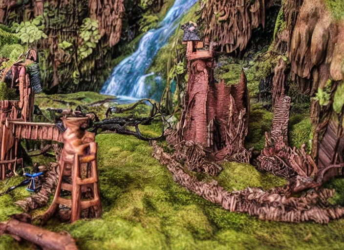 Image similar to high - res gopro photograph of a eood sculpture diorama with fantasy castles, highly detailed sculpey diorama, forest setting in iceland, waterfall backdrop, realistic materials, wood, felt, cloth, burlap, copper wire, hot glue, smooth, sharp foccus, commercial product photography,