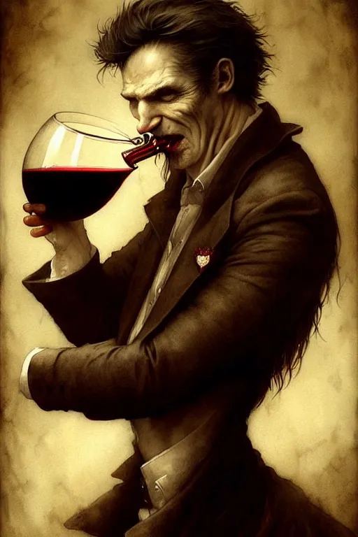 Image similar to old male vampire drinking red wine | esoteric symbolism | jean - baptiste monge, esao andrews, bastien lecouffe - deharme, tim jacobus, ken currie | ultra - detailed realism, soft cinematic lighting, hi - fructose, artstation, high - quality, ink watercolors wes anderson poster art