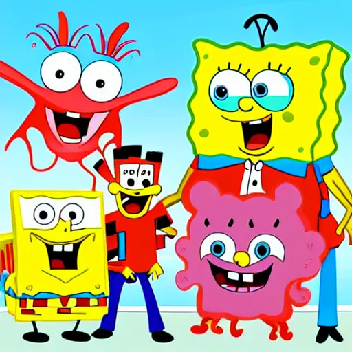 Prompt: nickelodeon cartoon characters posing for family photo, spongebob in the middle, digital art