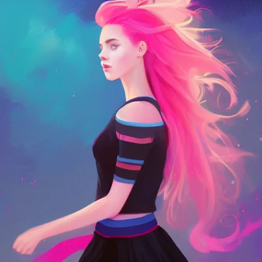 Image similar to colorful and festive captivating teenager girl with pink hair, cyan top crop, black skirt, black leggings, cute look. rich vivid colors, ambient lighting, dynamic lighting, 4 k, atmospheric lighting, painted, intricate, highly detailed by charlie bowater