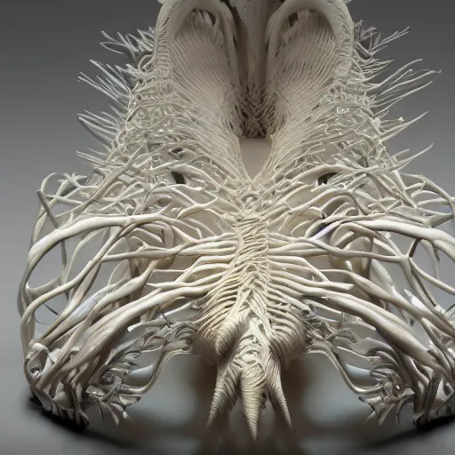 Prompt: Dreamt in 19.11s for !dream Organic 3D printed sculpture of neurons, wings of a swan, horns, ridged spikes, bones, blobs, gills, folds, made of marble, on a plinth, 4K, bright, studio lighting, interior gallery, window, in the style of Juz Kitson, Neri Oxman