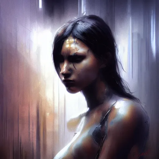 Prompt: black liquid dripping out of the nose of a young woman, trending on art station, cyberpunk, art by craig mullins