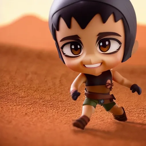 Image similar to dangerous arabian warrior as nendoroid walking in a desert in the croods movie style, anime, disney, pixar, 8 k, hd, dof, kodak film, volumetric lighting, subsurface scattering, photorealistic, octane render, details