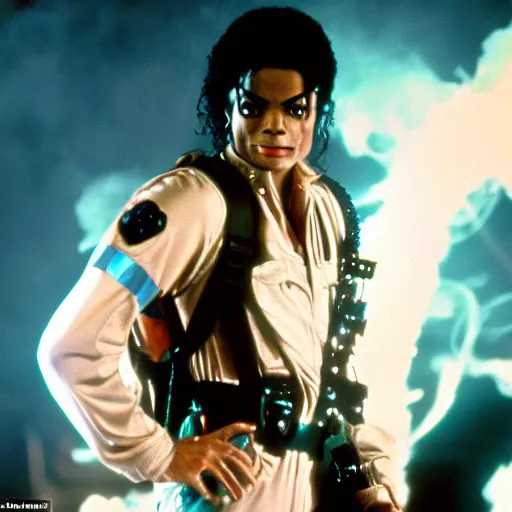 Image similar to stunning awe inspiring michael jackson as a ghostbuster in the movie ghostbusters, movie still 8 k hdr atmospheric lighting