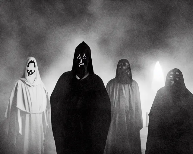 Image similar to a cultist ceremony, cultists with robes and masks, church interior, satanic church interior, the fog. horror lighting, found footage