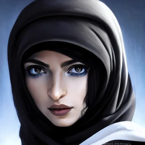 Image similar to greek ameera al taweel , blue eyes, black hair, beautiful face, white viel, Hyper-realistic, Highly Detailed, HD, by Brom, by beeple, studio ghibli, wallpaper, highly detailed, trending on artstation