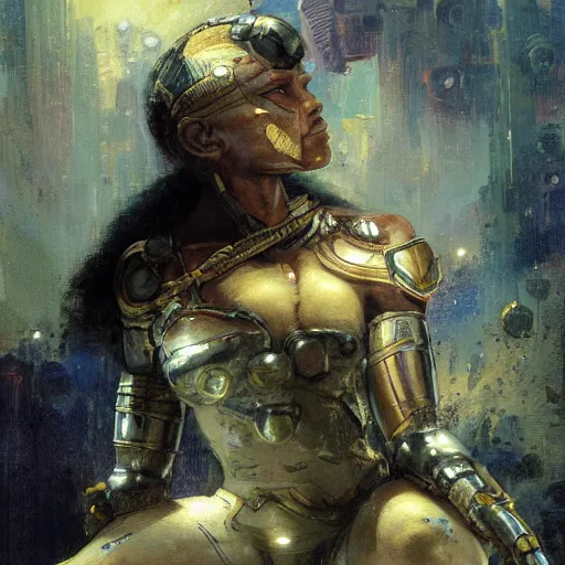 Image similar to a cyborg fighter, Egyptian features, resting after a hard fight, happily tired, sci fi character portrait by gaston bussiere, craig mullins