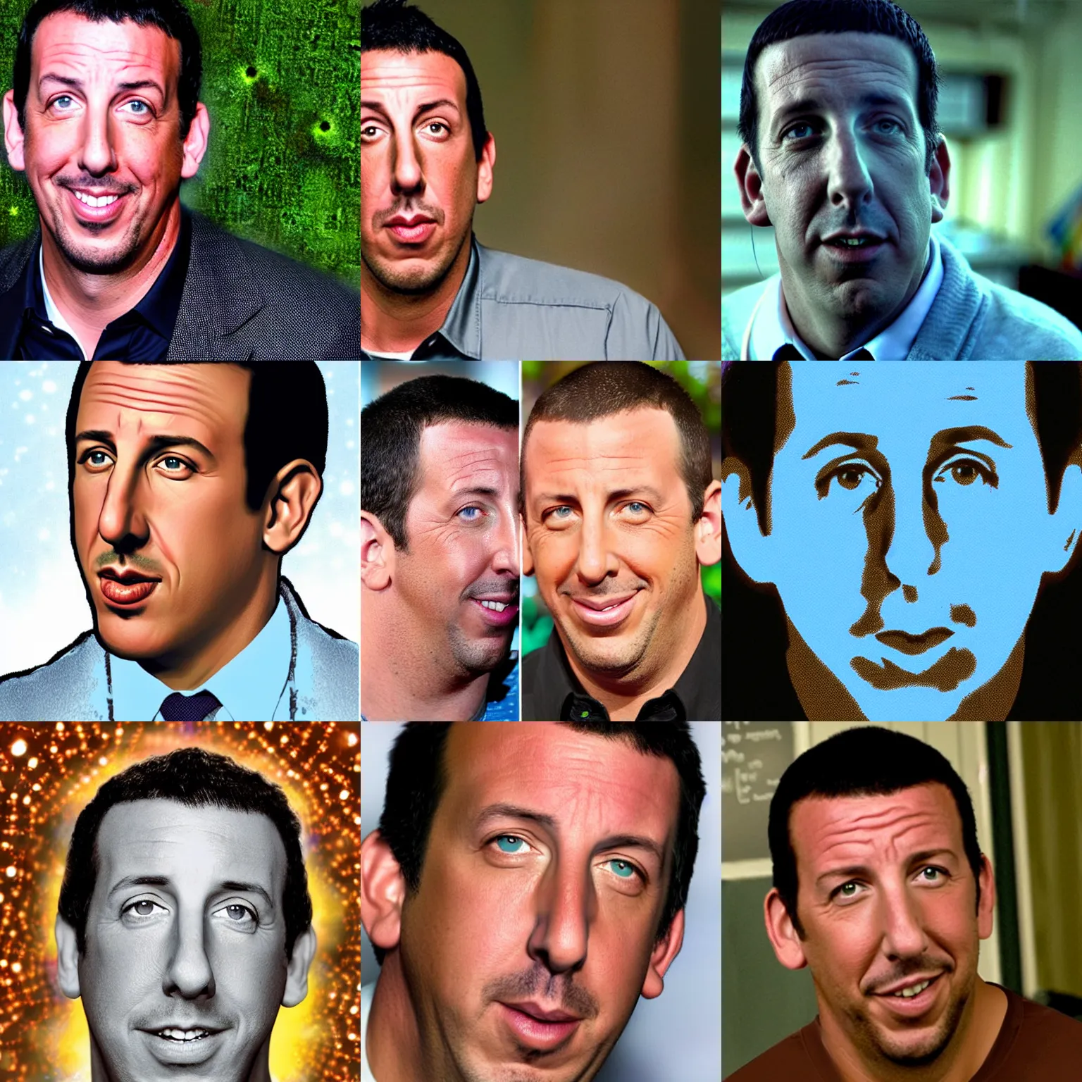 Prompt: adam sandler's face made entirely out of glowing atom molecule dna strands