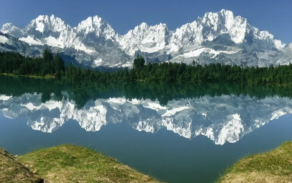 Image similar to the alps and reflection in a lake in the style of georgia o keefe