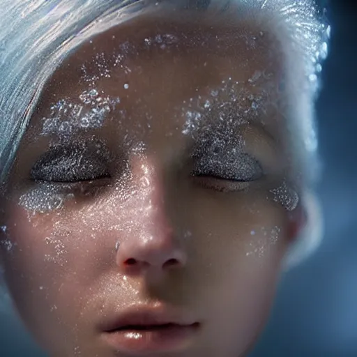 Image similar to futuristic female soldier eyes closed partly submerged in highly viscous clear fluid, frost particles, ice needles, cold blue light, complex hyperdetailed technical suit. white hair flowing. reflection. rays and dispersion of light. volumetric light. 5 0 mm, f / 3 2. noise film photo. ultra realistic, wide angle. rudolf herczog