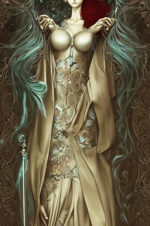 Image similar to ghibli tom bagshaw, curiosities carnival, anime soft paint of a single beautiful female full very tight long metallic suit ornate, accurate features, focus, very intricate ultrafine details, award winning masterpiece