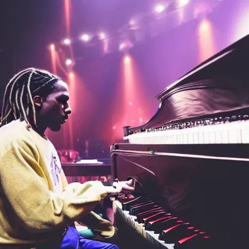 Prompt: Asap Rocky playing piano on stage during concert, highly realistic, photography, 50mm