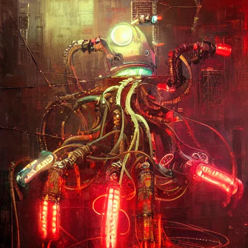 Prompt: robot cyborg octopus, many wires and neon lights exposed, metal and glowing eyes, highly detailed painting by jeremy mann