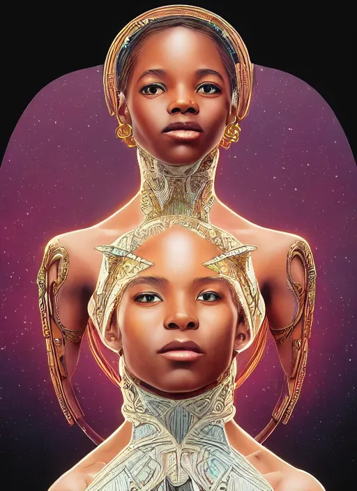 Image similar to ultra realistic illustration, smiling nubian prima ballerina, sci - fi, fantasy, symmetrical face, intricate, elegant, highly detailed, digital painting, artstation, concept art, smooth, sharp focus, illustration, art by artgerm and alphonse mucha