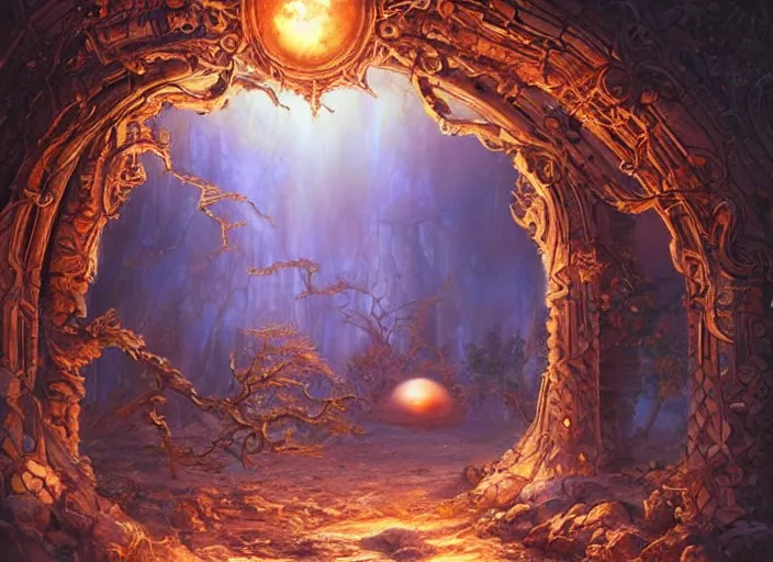 Image similar to large rustic intricately decorated wood gate, a view to an eerie fantasy world, glowing sphere, ethereal back light, mist, coherent composition, detailed fantasy painting by artgerm, noriyoshi ohrai, yuumei