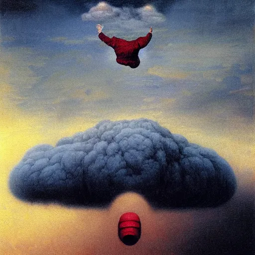 Prompt: Donald Trump, flying in the sky menacingly amongst the clouds, painted by Beksinski