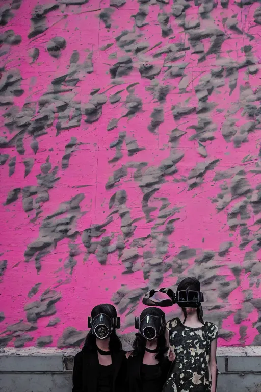 Prompt: a surreal portrait of two women wearing gas masks camouflaged into a wall of pink graffiti in the style of brooke didonato, editorial fashion photography from vogue magazine, full shot, nikon d 8 1 0, ƒ / 2. 5, focal length : 8 5. 0 mm, exposure time : 1 / 8 0 0, iso : 2 0 0