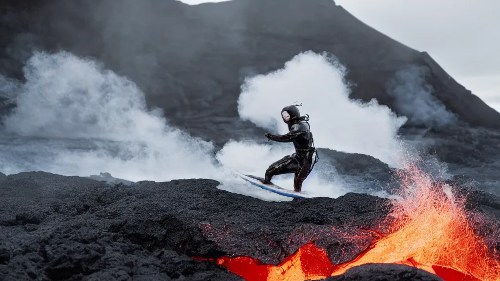 Prompt: person in armor surfing down a river of lava on the side of a volcano on surfboard, action shot, dystopian, thick black smoke, motion blur, sharp focus, cinematic, warren miller, tilt shift lens