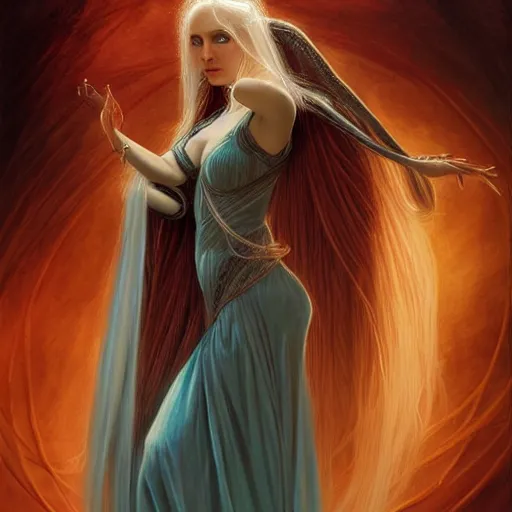 Image similar to portrait of a female elven wizard in flowing sensual dress, long flowing hair, delicate, looking at camera, slightly smiling, real face, stylish, elegant, extremely detailed painting inspired by Gerald Brom, epic lighting
