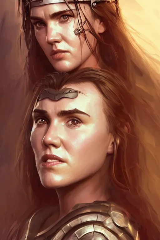 Image similar to portrait of Young Jennifer Connelly as Xena warrior princess , face portrait, raphael lacoste, eddie mendoza, alex ross, concept art, matte painting, highly detailed, rule of thirds, dynamic lighting, cinematic, detailed, denoised, centred