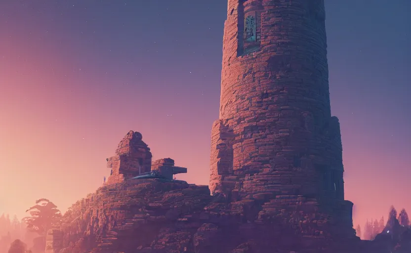 Prompt: A landscape with a giant stone brick tower with pillars on top at sunset, magical portal, cyberpunk, Low level, rendered by Beeple, Makoto Shinkai, syd meade, simon stålenhag, environment concept, synthwave style, digital art, unreal engine, WLOP, trending on artstation, 4K UHD image, octane render,