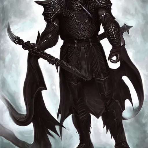 Image similar to male elfish tiefling with long dark hair wearing black armor, fantasy art, sharp image, highly detailed, fantasy, dnd, character art